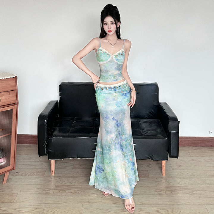 Mermaidcore Watercolor Maxi Set with Beaded Trim - Vedlit
