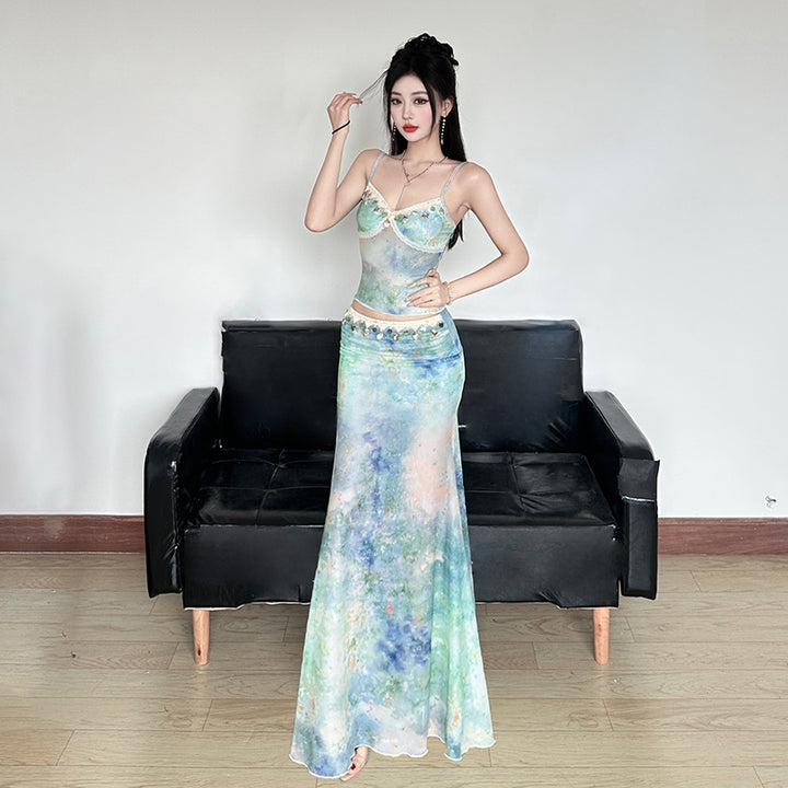 Mermaidcore Watercolor Maxi Set with Beaded Trim - Vedlit