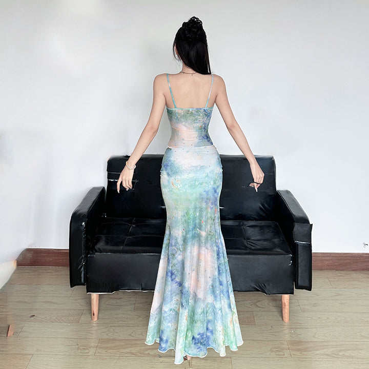 Mermaidcore Watercolor Maxi Set with Beaded Trim - Vedlit