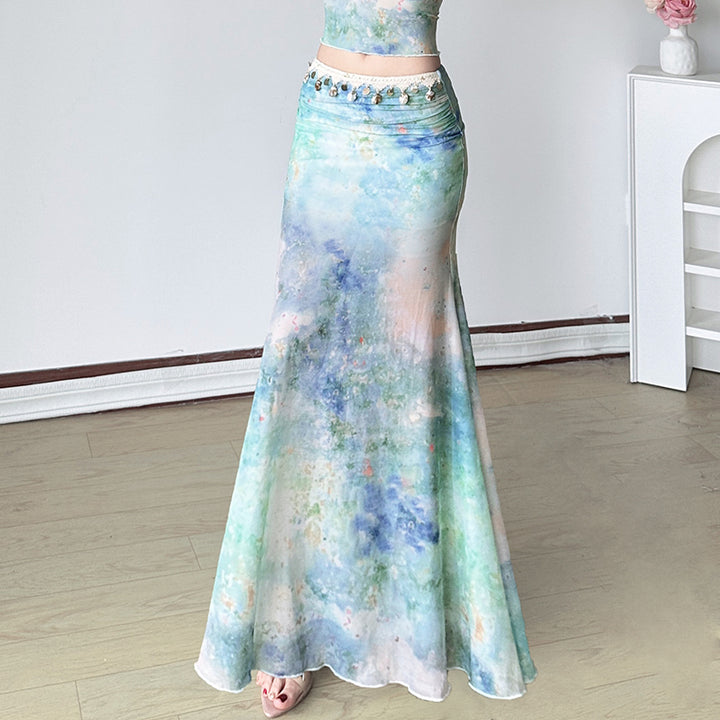 Mermaidcore Watercolor Maxi Set with Beaded Trim - Vedlit