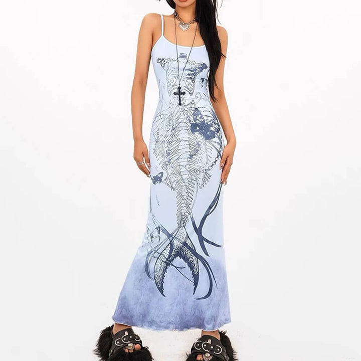 Mermaid Skeleton Print Dress - Vedlit