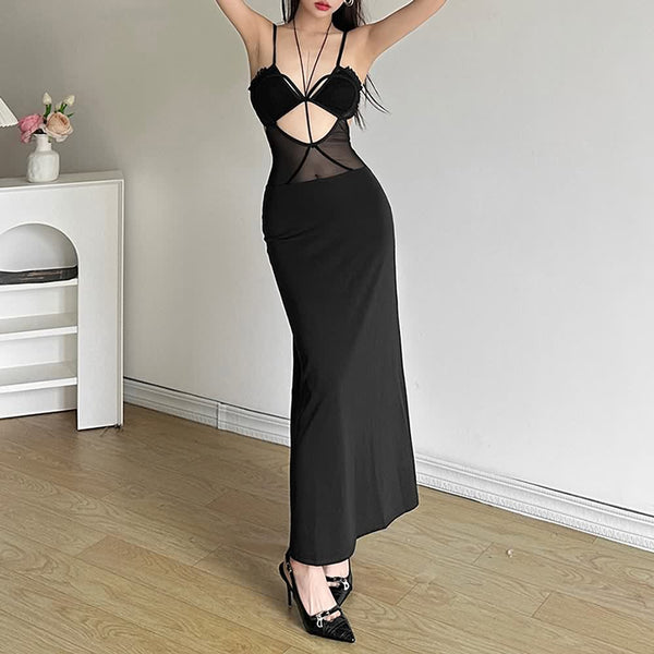 Mesh Cut Out Spaghetti Strap Maxi Dress - Vedlit