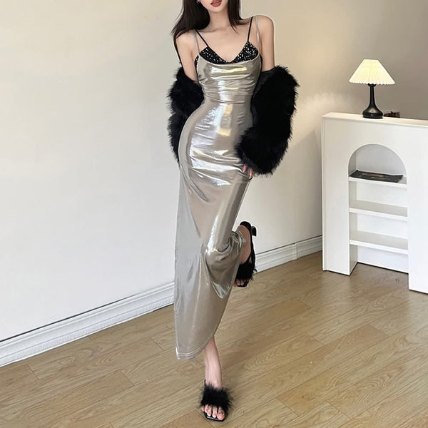 Metallic Cowl Neckline Slit Maxi Dress - Vedlit