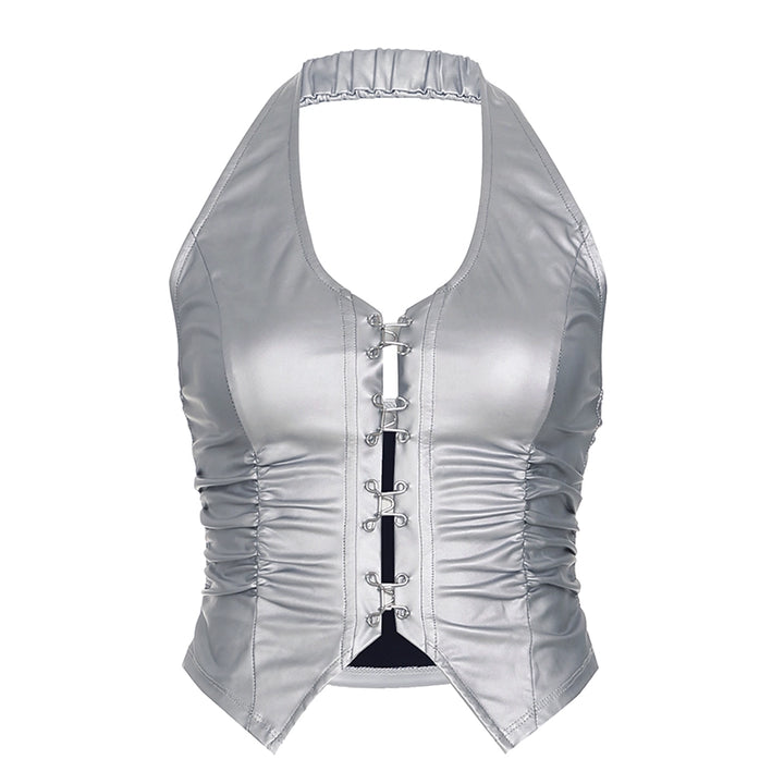 Metallic Silver Faux Leather Corset Crop Top with Hook Detail - Vedlit