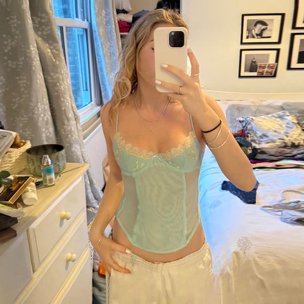 Mint Lace Mesh Floral Embroidered Bustier Cami Top - Vedlit