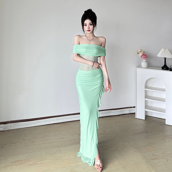Mint Sheer Mesh Off-Shoulder Ruched Maxi Dress - Vedlit