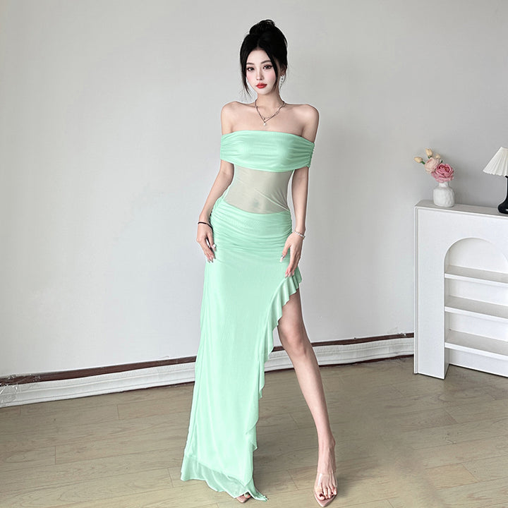 Mint Sheer Mesh Off-Shoulder Ruched Maxi Dress - Vedlit