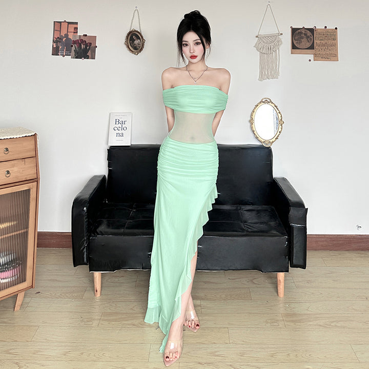 Mint Sheer Mesh Off-Shoulder Ruched Maxi Dress - Vedlit