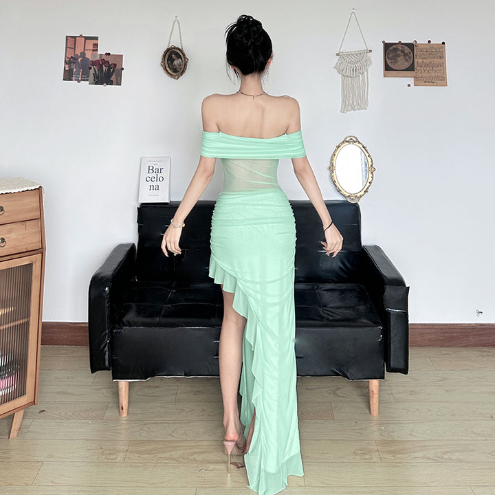 Mint Sheer Mesh Off-Shoulder Ruched Maxi Dress - Vedlit