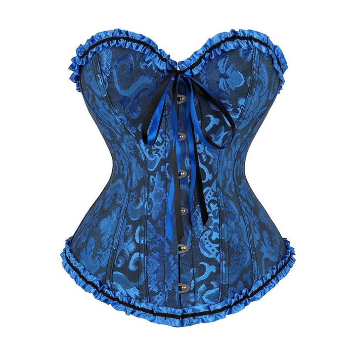 Navy Blue Gothic Ruffle Trim Hourglass Overbust Corset - Vedlit