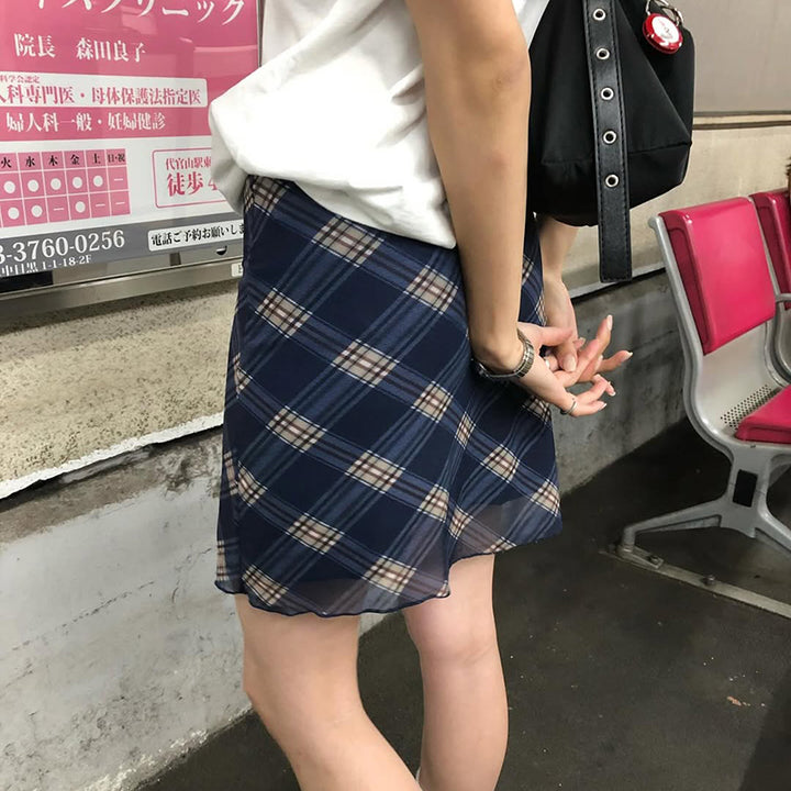 Navy Blue Plaid Mesh Mini Skirt Aesthetic Grunge Style - Vedlit