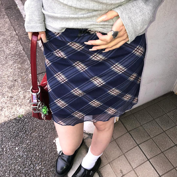 Navy Blue Plaid Mesh Mini Skirt Aesthetic Grunge Style - Vedlit