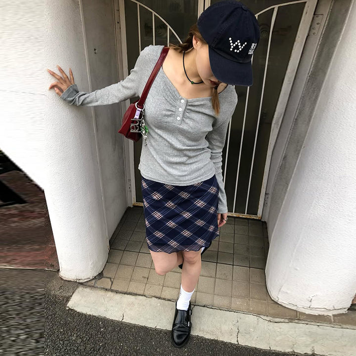 Navy Blue Plaid Mesh Mini Skirt Aesthetic Grunge Style - Vedlit