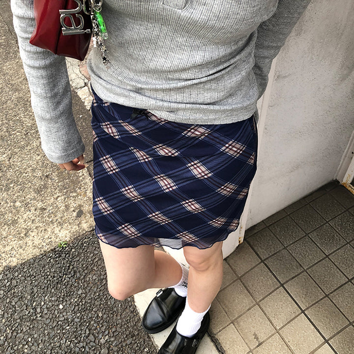 Navy Blue Plaid Mesh Mini Skirt Aesthetic Grunge Style - Vedlit