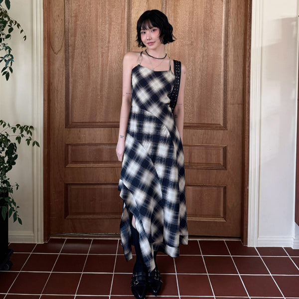Navy Plaid Slip Midi Dress with Spaghetti Straps - Vedlit
