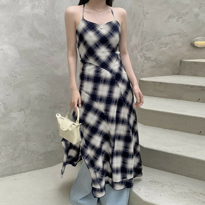 Navy Plaid Slip Midi Dress with Spaghetti Straps - Vedlit