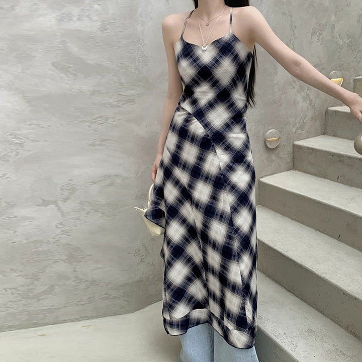 Navy Plaid Slip Midi Dress with Spaghetti Straps - Vedlit