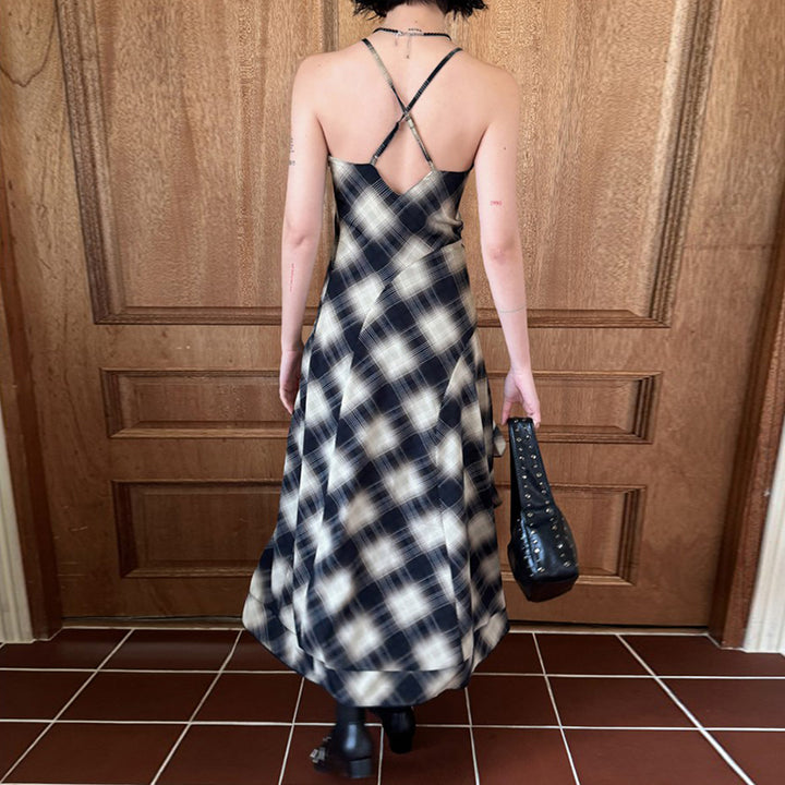 Navy Plaid Slip Midi Dress with Spaghetti Straps - Vedlit