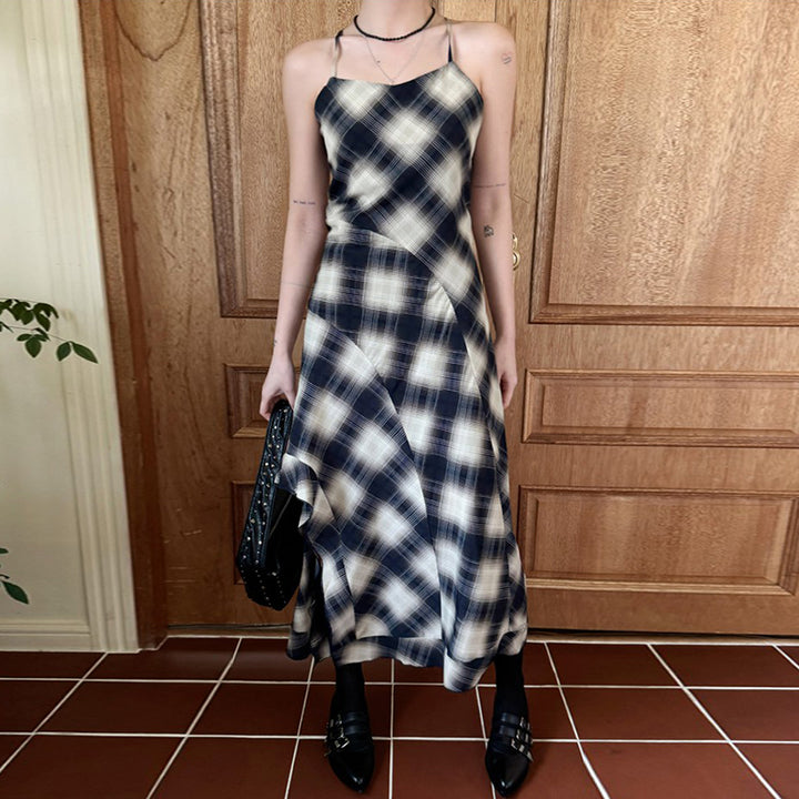 Navy Plaid Slip Midi Dress with Spaghetti Straps - Vedlit