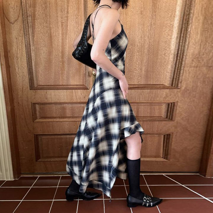 Navy Plaid Slip Midi Dress with Spaghetti Straps - Vedlit