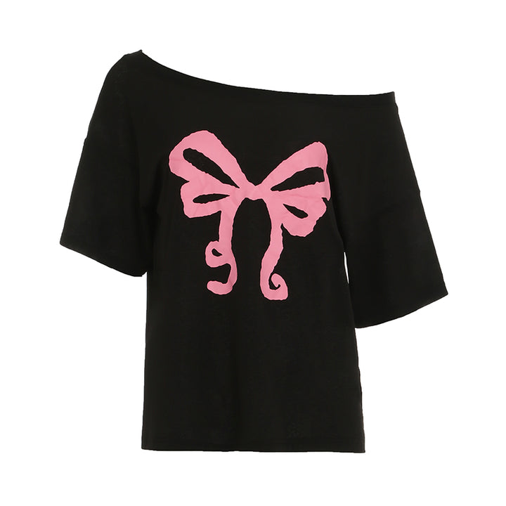 Off Shoulder Bow Graphic Tee – Casual Y2K Aesthetic Top - Vedlit