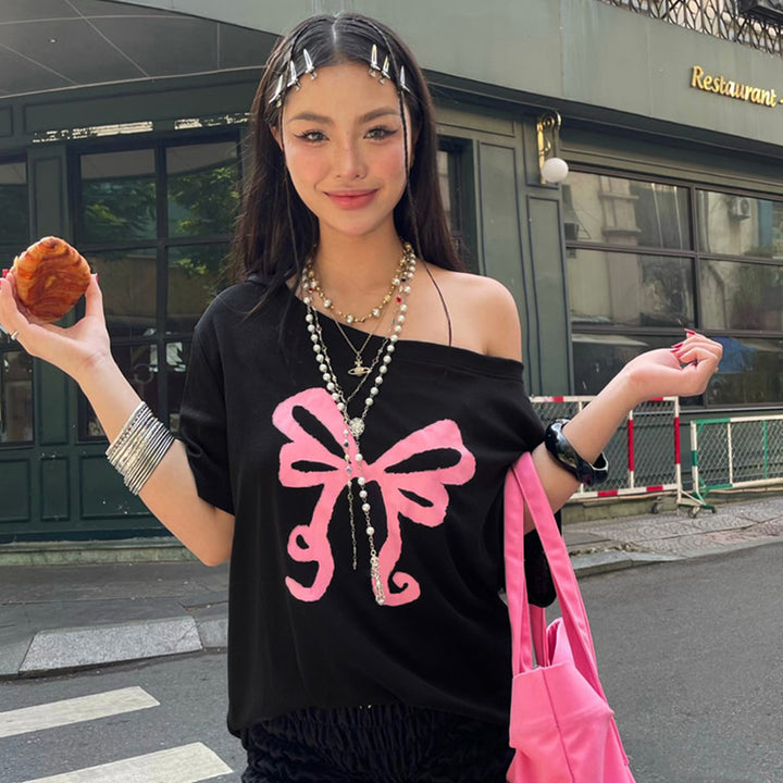 Off Shoulder Bow Graphic Tee – Casual Y2K Aesthetic Top - Vedlit
