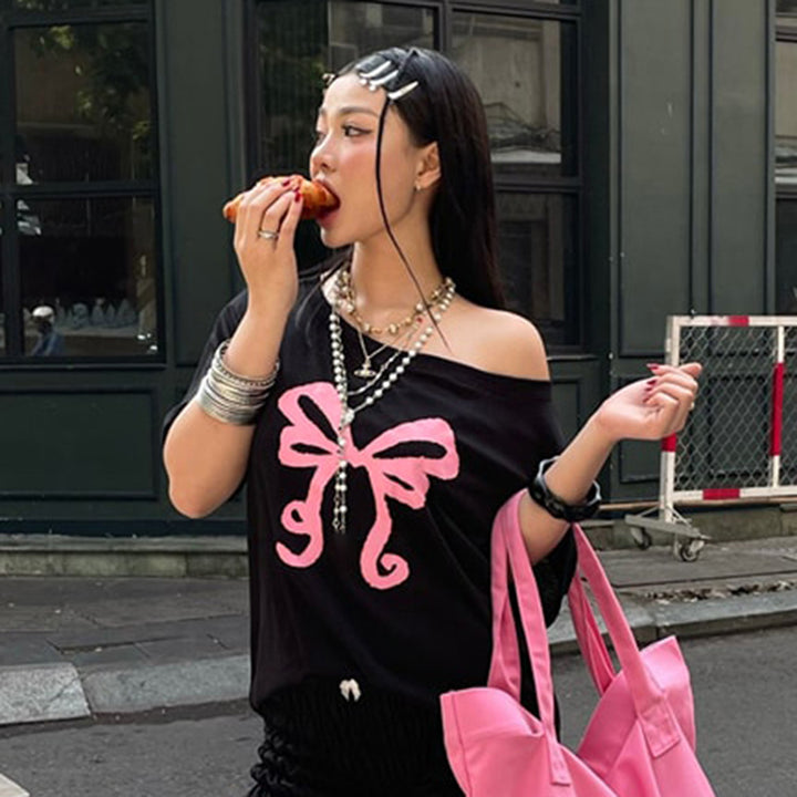 Off Shoulder Bow Graphic Tee – Casual Y2K Aesthetic Top - Vedlit