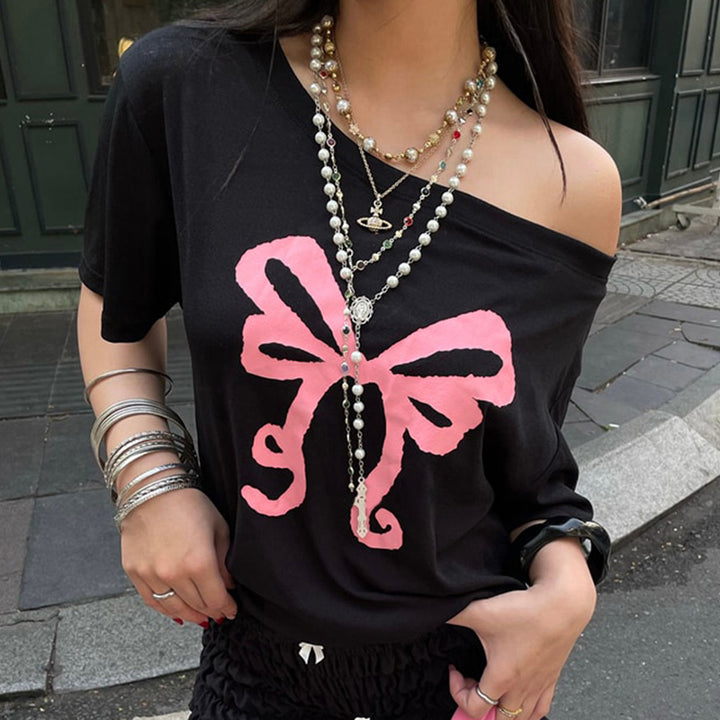 Off Shoulder Bow Graphic Tee – Casual Y2K Aesthetic Top - Vedlit