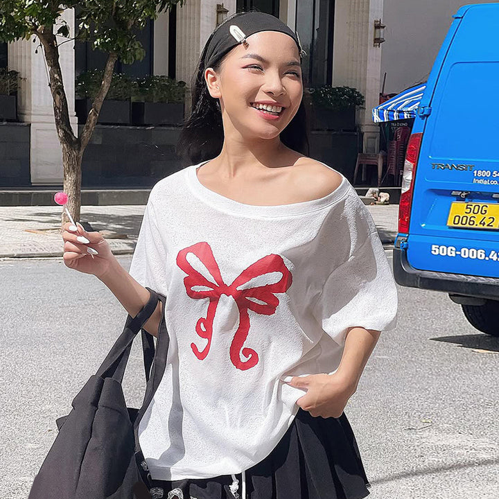 Off Shoulder Bow Graphic Tee – Casual Y2K Aesthetic Top - Vedlit