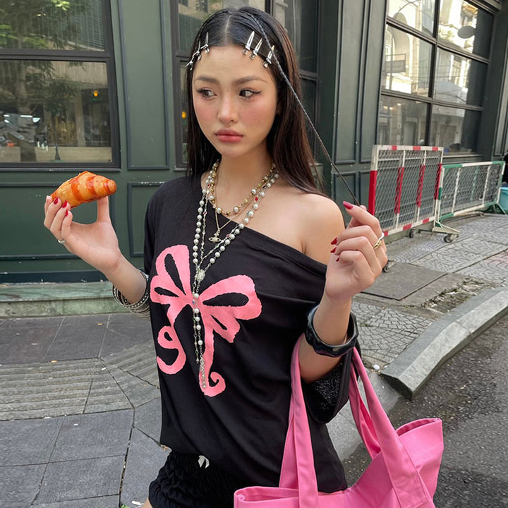 Off Shoulder Bow Graphic Tee – Casual Y2K Aesthetic Top - Vedlit