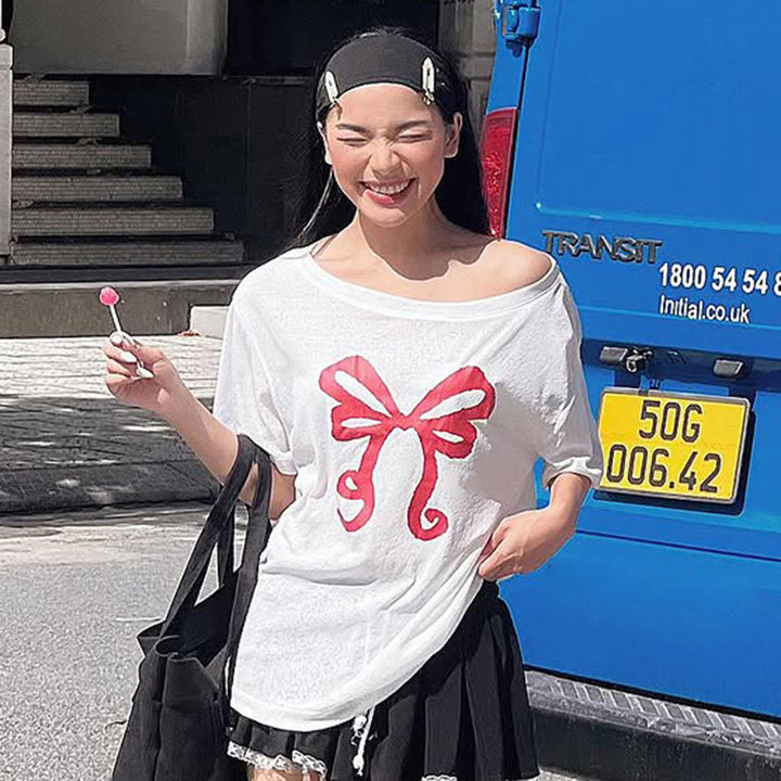 Off Shoulder Bow Graphic Tee – Casual Y2K Aesthetic Top - Vedlit