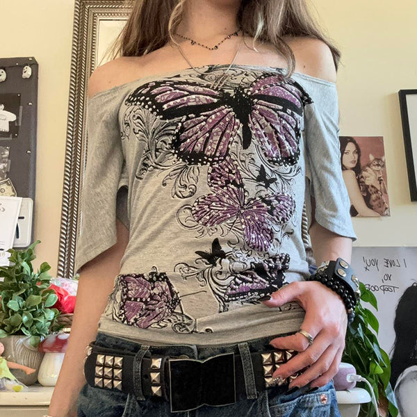 Off Shoulder Butterfly Graphic Tee in Vintage Gray - Vedlit