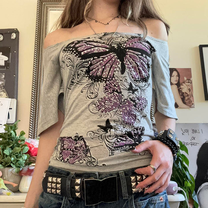 Off Shoulder Butterfly Graphic Tee in Vintage Gray - Vedlit