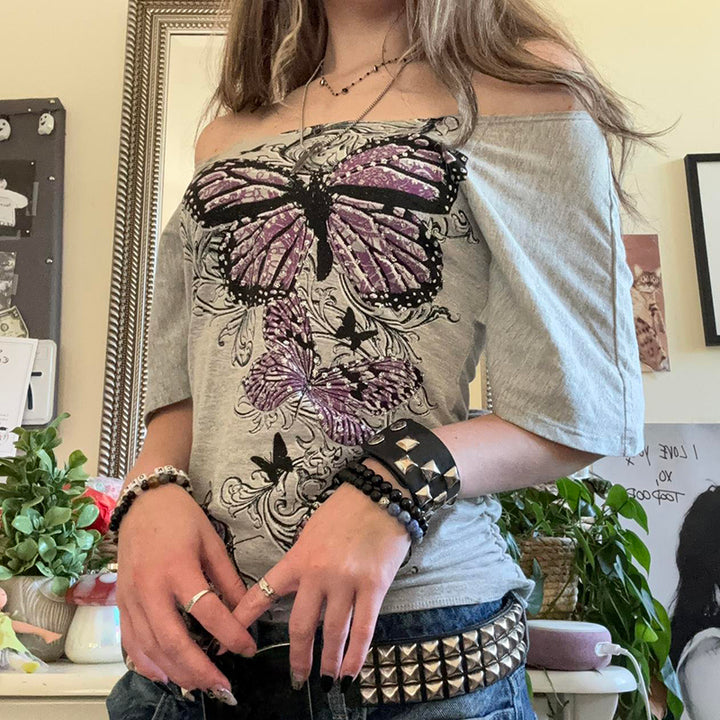Off Shoulder Butterfly Graphic Tee in Vintage Gray - Vedlit