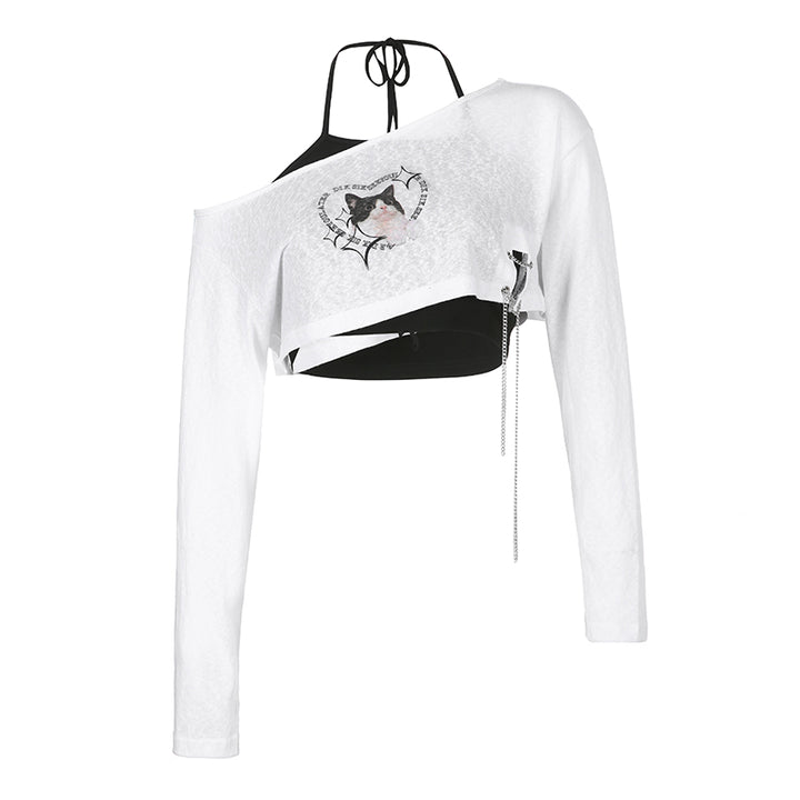 Off Shoulder Cat Print Layered Crop Top with Chain Detail - Vedlit