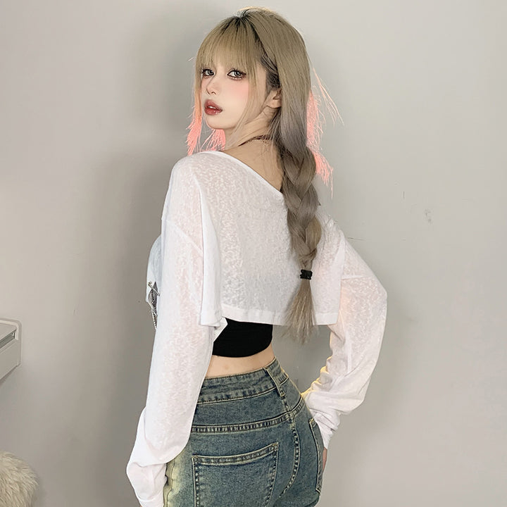Off Shoulder Cat Print Layered Crop Top with Chain Detail - Vedlit
