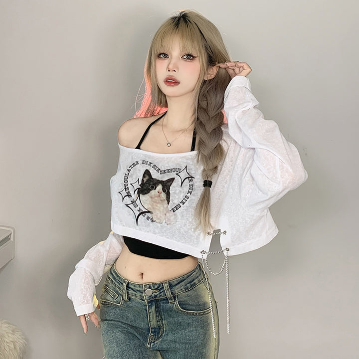 Off Shoulder Cat Print Layered Crop Top with Chain Detail - Vedlit