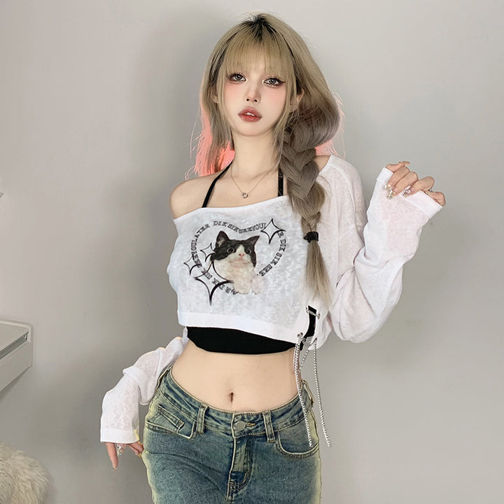 Off Shoulder Cat Print Layered Crop Top with Chain Detail - Vedlit