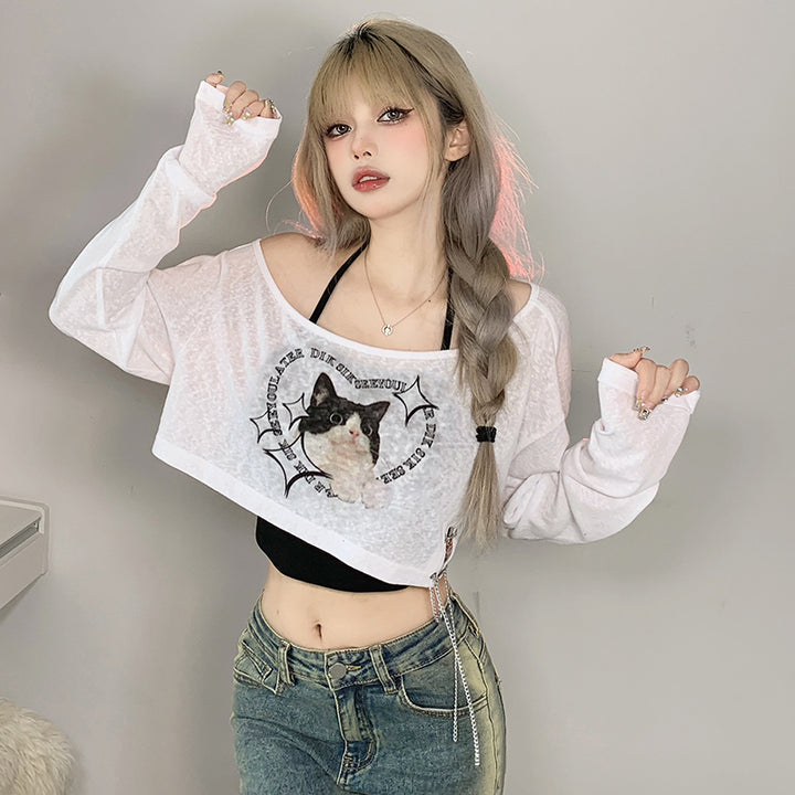 Off Shoulder Cat Print Layered Crop Top with Chain Detail - Vedlit