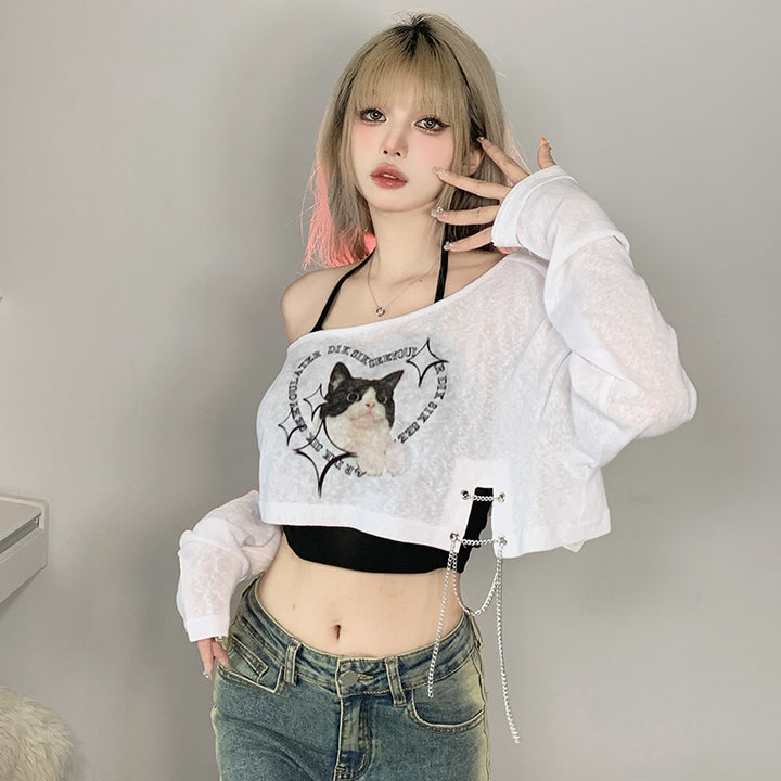 Off Shoulder Cat Print Layered Crop Top with Chain Detail - Vedlit