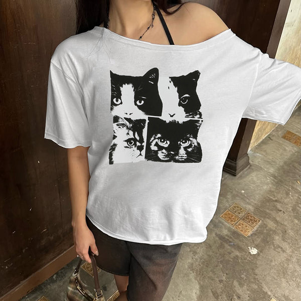 Off-Shoulder Cat Print Loose Tee – Vintage Graphic T-Shirt - Vedlit