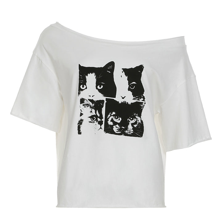 Off-Shoulder Cat Print Loose Tee – Vintage Graphic T-Shirt - Vedlit