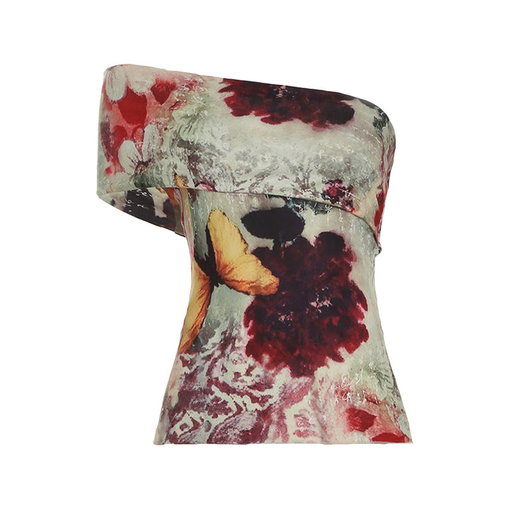 Off Shoulder Floral Mesh Butterfly Print Tube Top - Vedlit