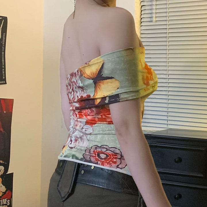 Off Shoulder Floral Mesh Butterfly Print Tube Top - Vedlit
