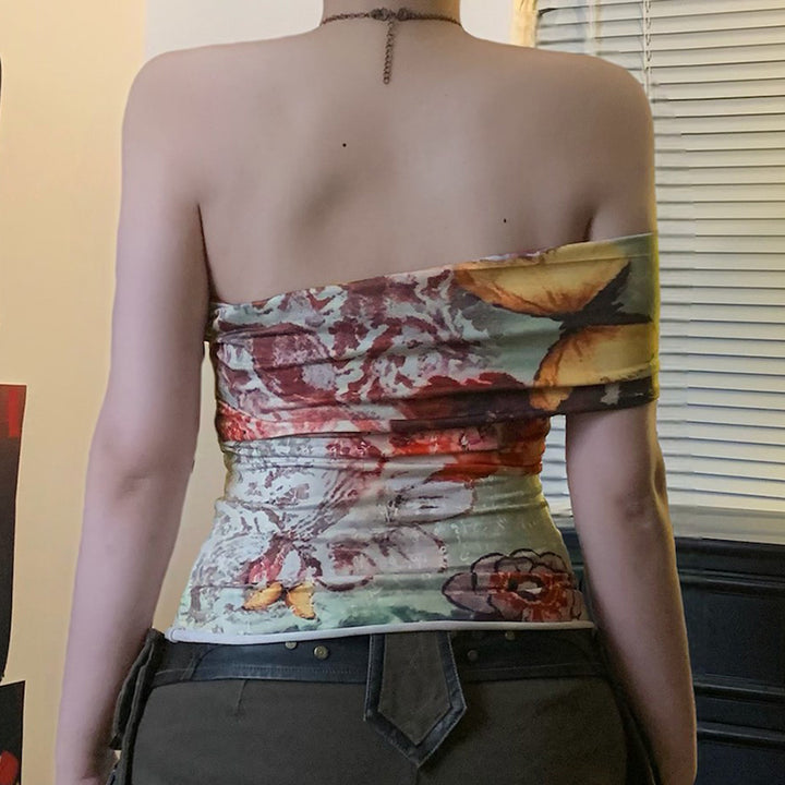 Off Shoulder Floral Mesh Butterfly Print Tube Top - Vedlit