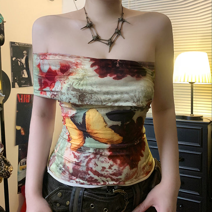 Off Shoulder Floral Mesh Butterfly Print Tube Top - Vedlit