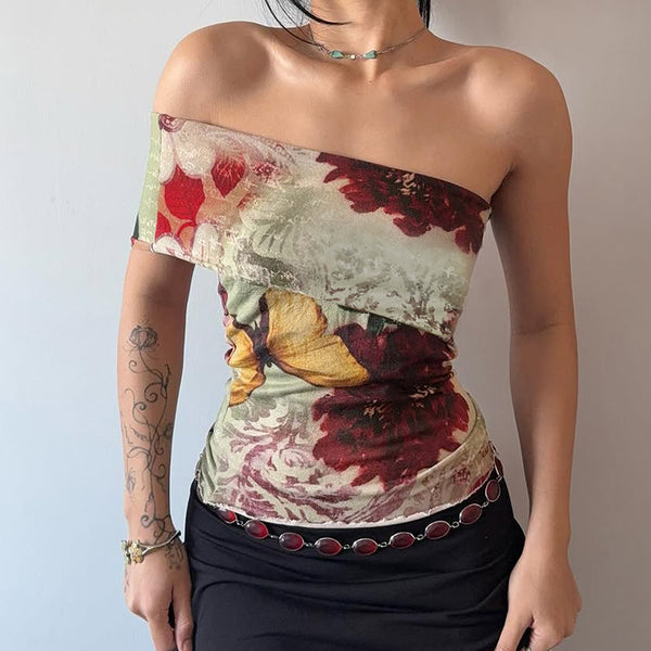 Off Shoulder Floral Mesh Butterfly Print Tube Top - Vedlit
