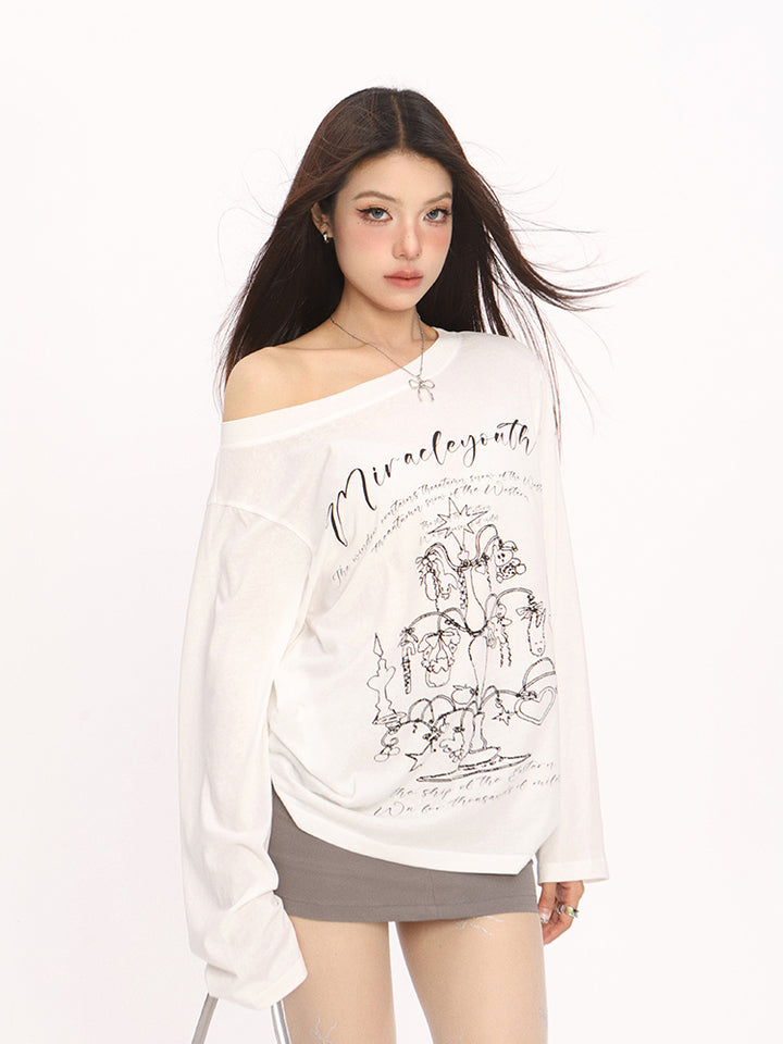 Off Shoulder Graphic Long Sleeve Tee with Vintage Print - Vedlit