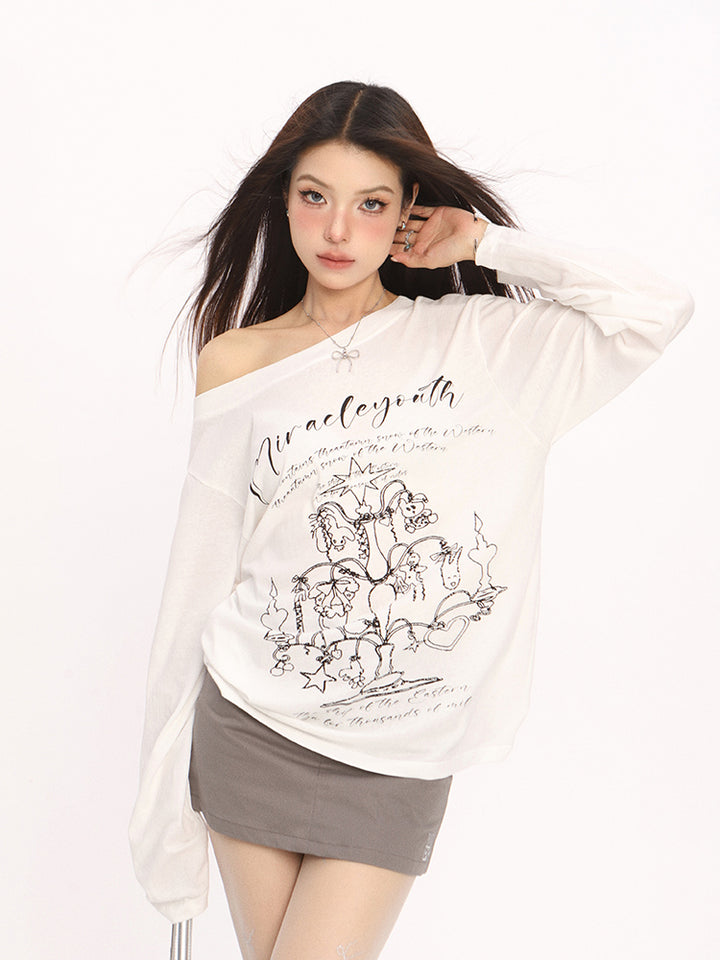 Off Shoulder Graphic Long Sleeve Tee with Vintage Print - Vedlit