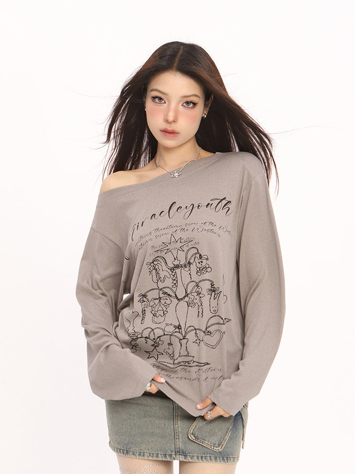 Off Shoulder Graphic Long Sleeve Tee with Vintage Print - Vedlit